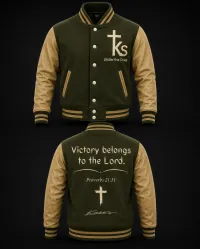 Under The Cross Premium Varsity Jacket – M, Olive/Tan