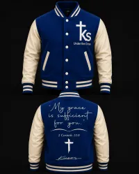 Under The Cross Premium Varsity Jacket – S, Blue/Cream