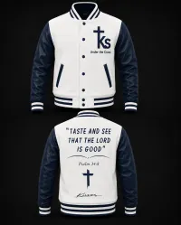 Under The Cross Premium Varsity Jacket – M, White/Navy