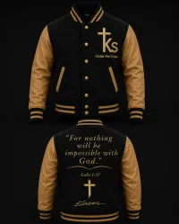 Under The Cross Premium Varsity Jacket – M, Black/camel