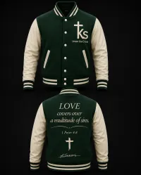 Under The Cross Premium Varsity Jacket – M, Green/Cream