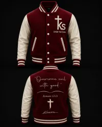 Under The Cross Premium Varsity Jacket – S, Red/Cream