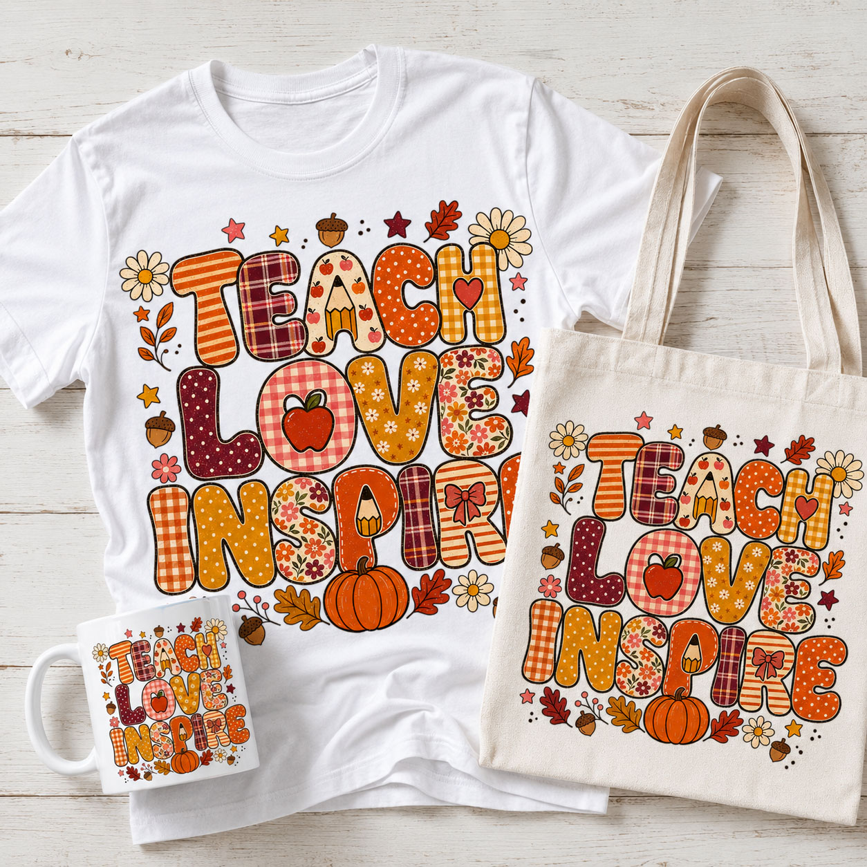 Teacher PNG - Fall Teach Love Inspire Retro Plaid Design – Image 2