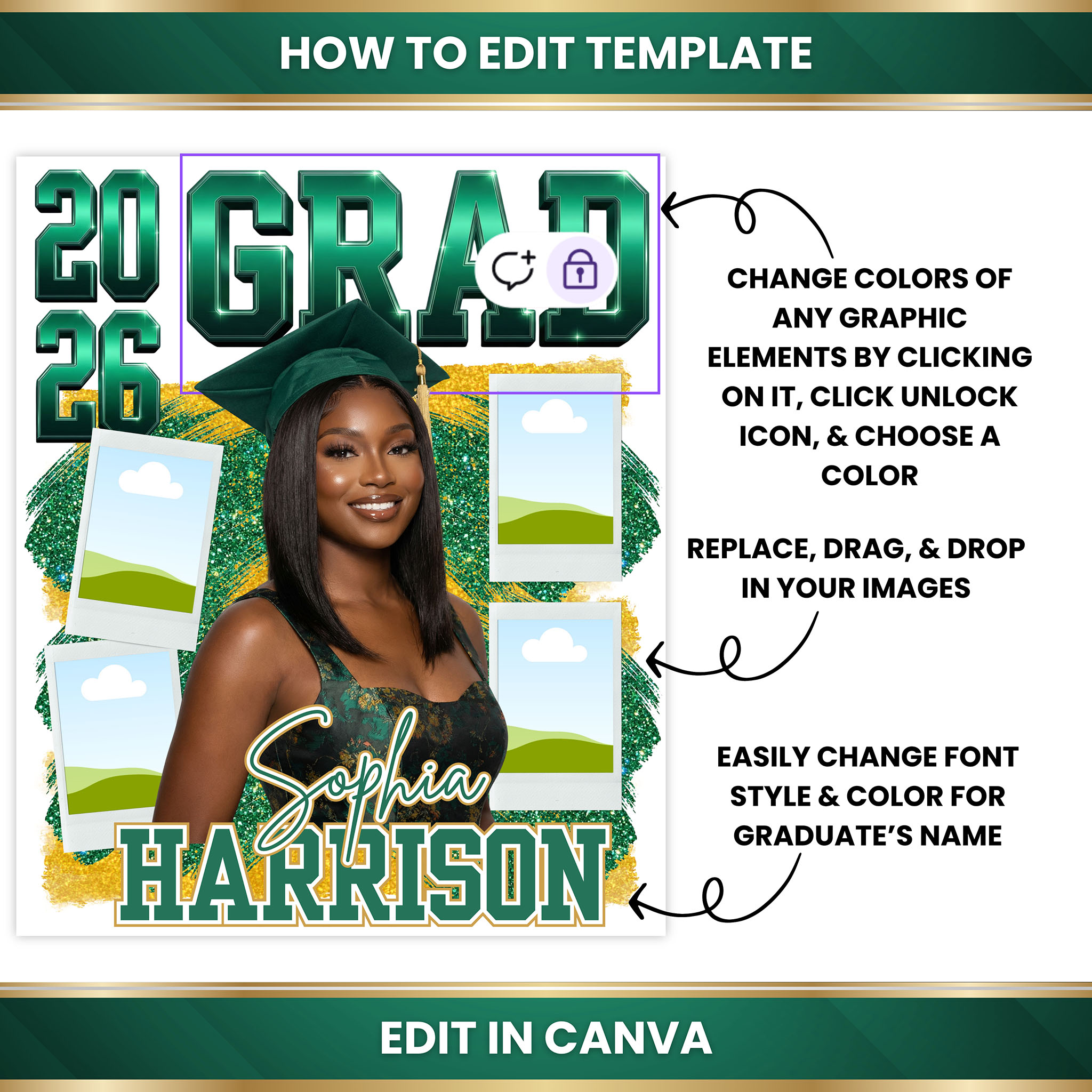 Graduation T-Shirt Template - Green and Gold – Image 5