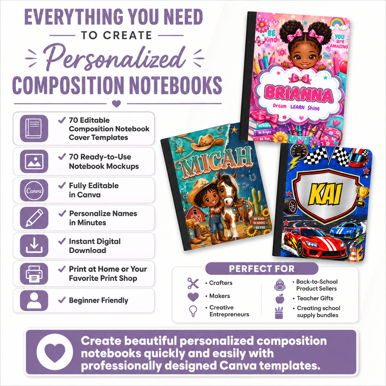 Composition Notebook Cover Template Bundle - 70 Editable Canva Designs with Mockups – Image 3