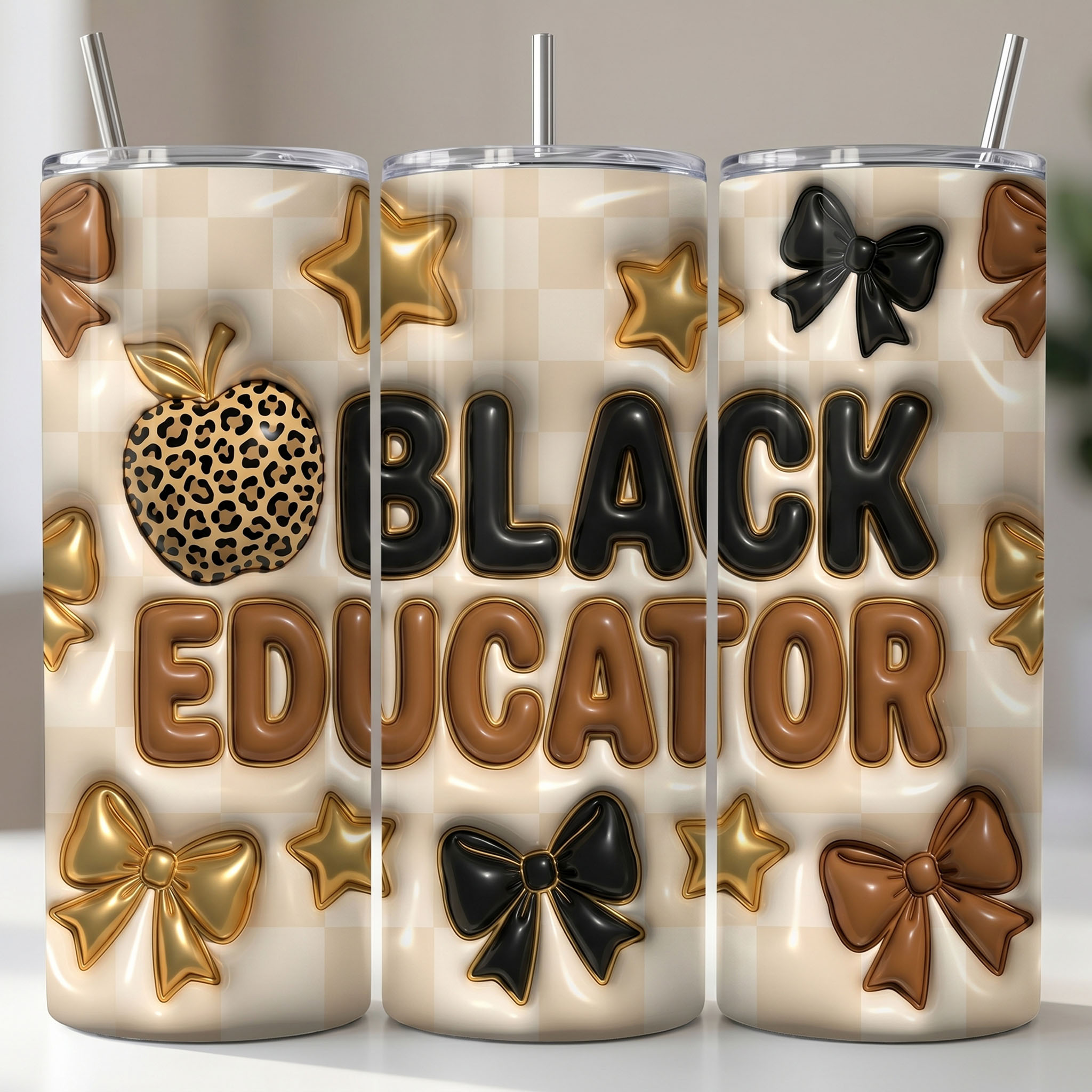 Black Educator Tumbler Wrap - 3D Inflated Leopard Apple Bow Design – Image 1