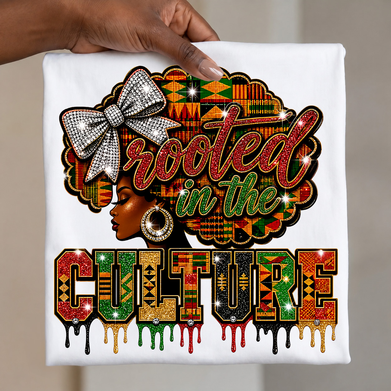 Juneteenth PNG - Rooted in the Culture Afro Melanin Woman Kente Rhinestone Design – Image 1