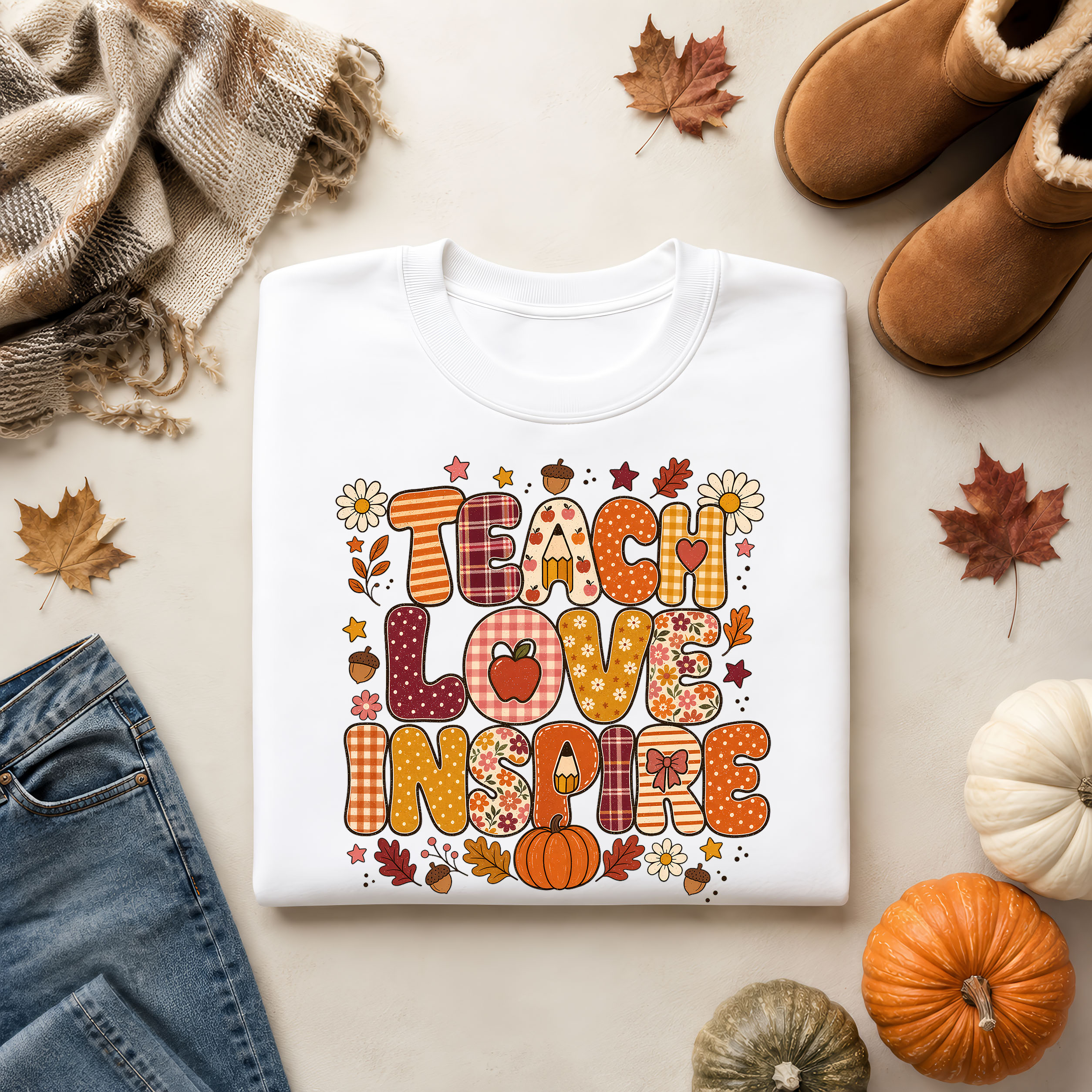 Teacher PNG - Fall Teach Love Inspire Retro Plaid Design – Image 4