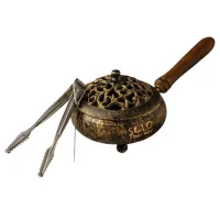 9" Golden Finish Iron Charcoal Burner with Lid & Wood Handle – Image 2