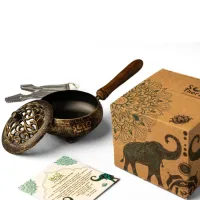 9" Golden Finish Iron Charcoal Burner with Lid & Wood Handle – Image 1