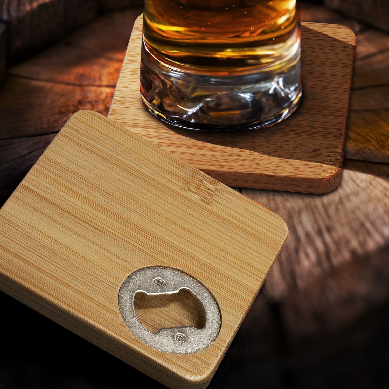 Bamboo Bottle Opener Coaster - Set of 2 - Square – Image 4