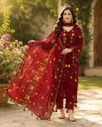 Maroon Red Printed Lawn 3 Piece Suit – Image 3