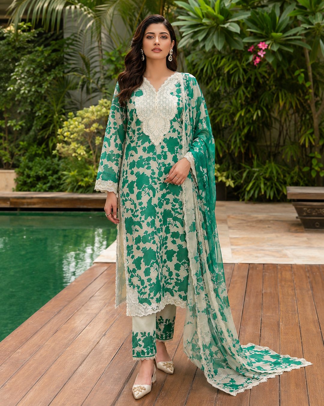 Emerald Green Floral Embroidered Lawn 3 Piece Suit – Image 3