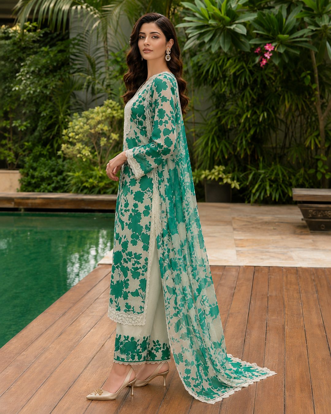 Emerald Green Floral Embroidered Lawn 3 Piece Suit – Image 5