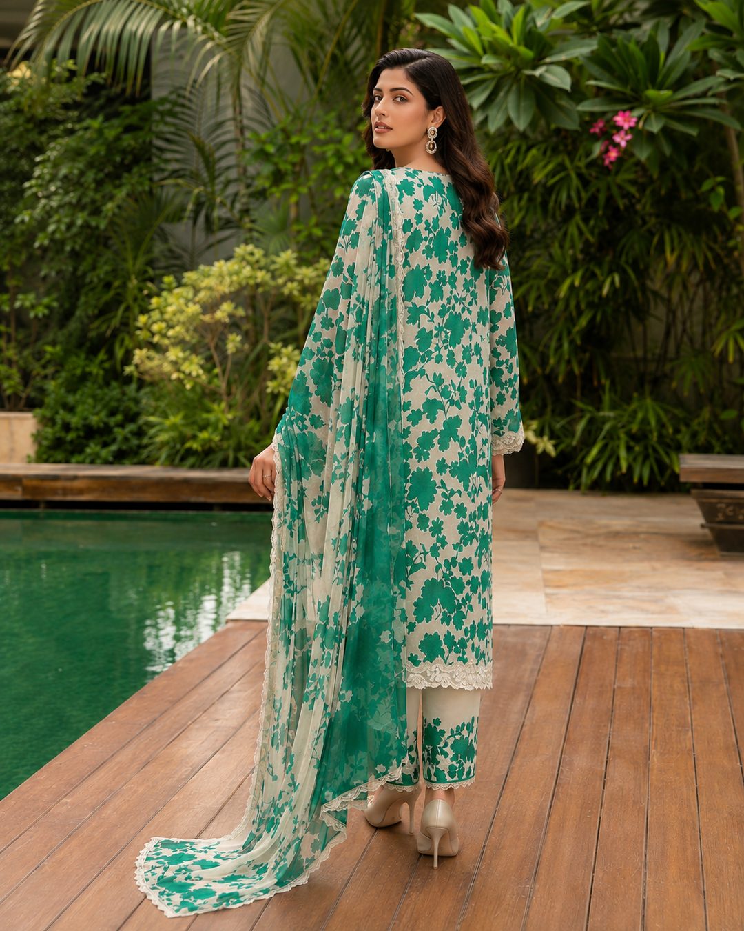 Emerald Green Floral Embroidered Lawn 3 Piece Suit – Image 4