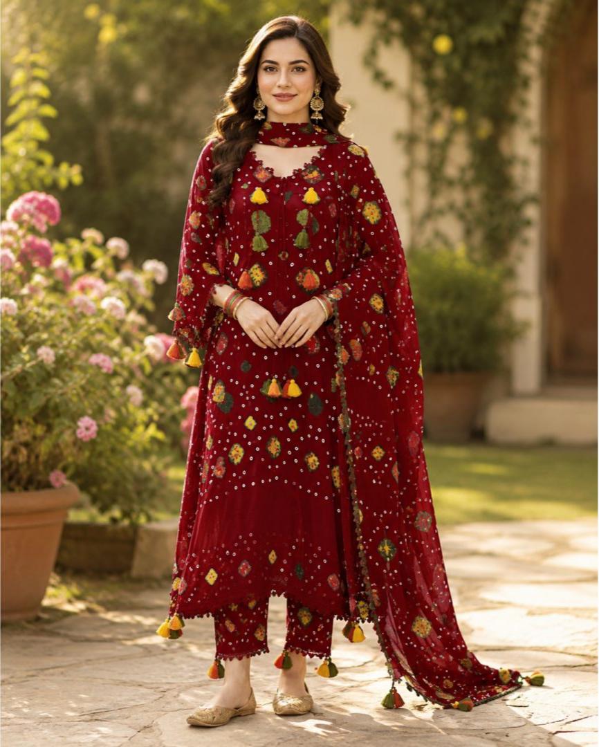Maroon Red Printed Lawn 3 Piece Suit – Image 1