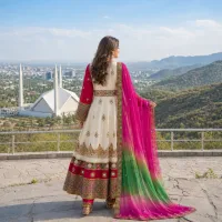 Cream And Magenta Embroidered Dress by Zariya – Image 5