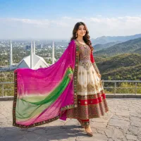 Cream And Magenta Embroidered Dress by Zariya – Image 1