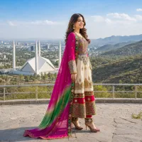 Cream And Magenta Embroidered Dress by Zariya – Image 3