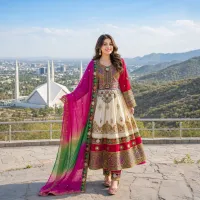 Cream And Magenta Embroidered Dress by Zariya – Image 2
