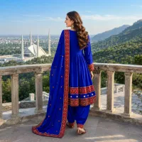 Royal Blue Festive Embroidered Dress by Zariya – Image 2