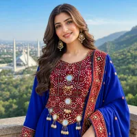 Royal Blue Festive Embroidered Dress by Zariya – Image 3