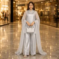 Zariya Silver Luxe Silk Suit With Sheer Dupatta – Image 1