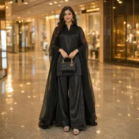 Zariya Black Luxe Silk Suit With Sheer Dupatta – Image 2