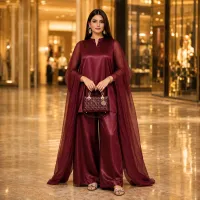 Zariya Maroon Luxe Silk Suit With Sheer Dupatta – Image 2