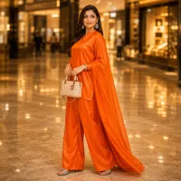 Zariya Orange Luxe Silk Suit With Sheer Dupatta – Image 2