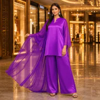 Zariya Purple Luxe Silk Suit With Sheer Dupatta – Image 1