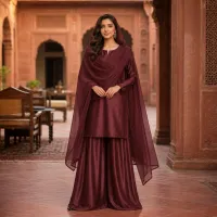 Zariya Maroon Sotton Silk 3 Piece Suit – Image 2