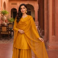 Zariya Mustard Gold Sotton Silk 3 Piece Suit – Image 1