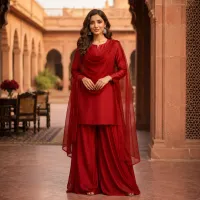 Zariya Ruby Red Sotton Silk 3 Piece Suit – Image 2