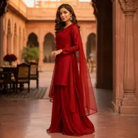 Zariya Ruby Red Sotton Silk 3 Piece Suit – Image 5