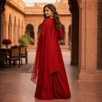 Zariya Ruby Red Sotton Silk 3 Piece Suit – Image 4