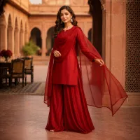 Zariya Ruby Red Sotton Silk 3 Piece Suit – Image 1