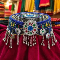 Royal Blue Embroidered Mirror Work Cap by Zariya – Image 1