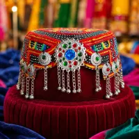 Red Multicolour Tribal Embroidered Cap by Zariya – Image 3