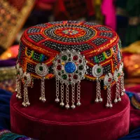 Red Multicolour Tribal Embroidered Cap by Zariya – Image 1
