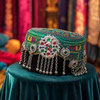 Teal Green Mirror Work Traditional Cap by Zariya – Image 4