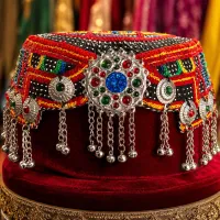 Red Multicolour Tribal Embroidered Cap by Zariya – Image 2