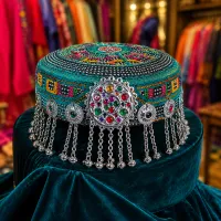 Teal Green Mirror Work Traditional Cap by Zariya – Image 2