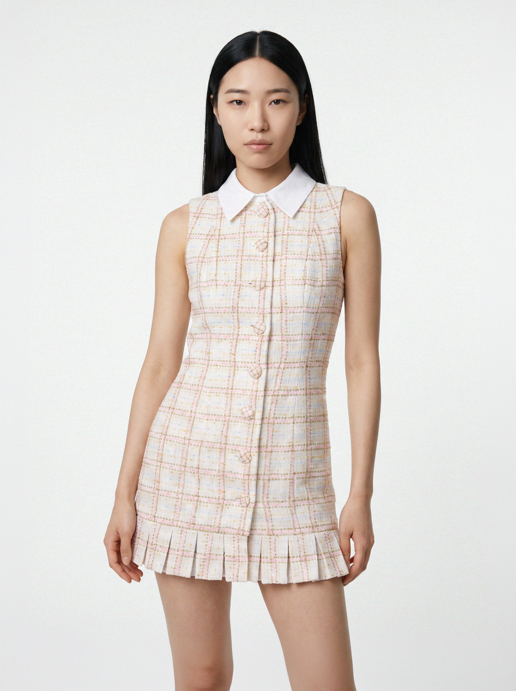SLEEVELESS TWEED MINI DRESS WITH PLEATED HEM – Image 3