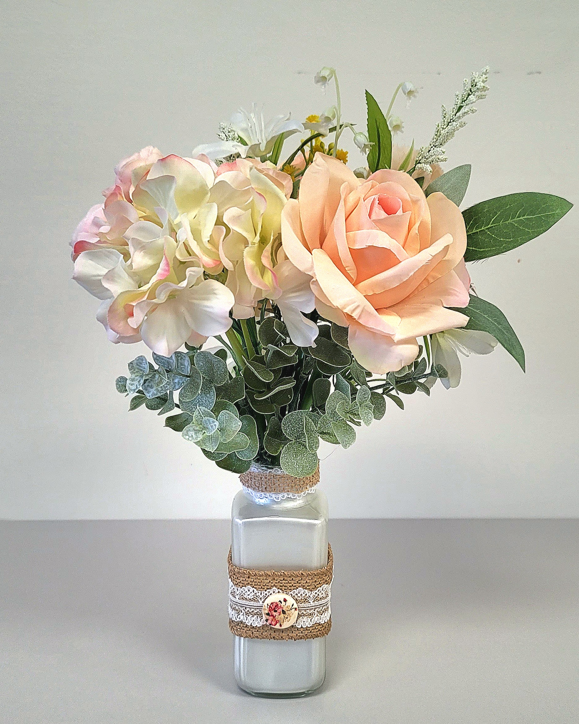 Small Hand-Painted Glass Vase Faux Floral Arrangement – Image 1