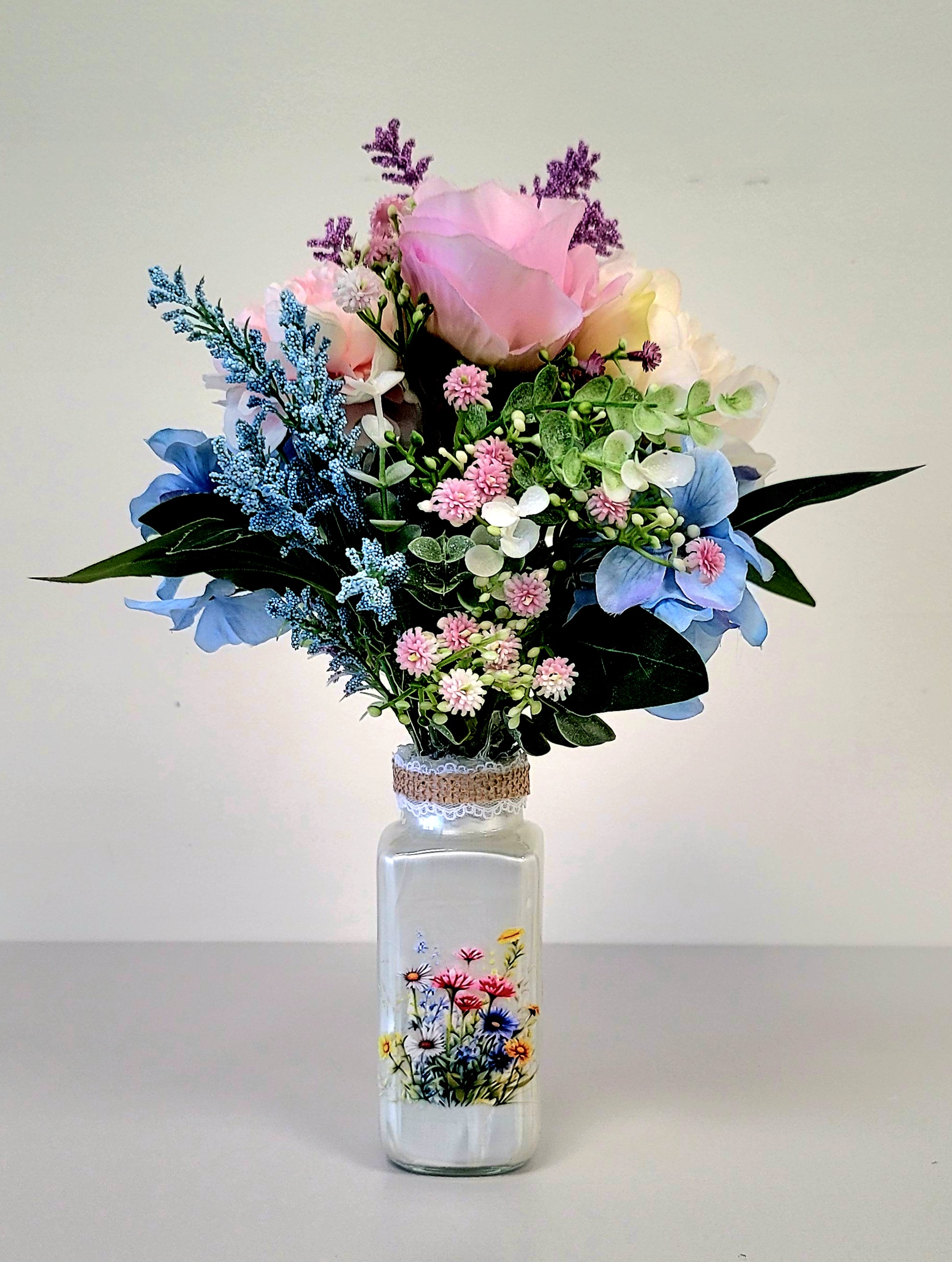 Small Hand-Painted Glass Vase Faux Floral Arrangement – Image 2
