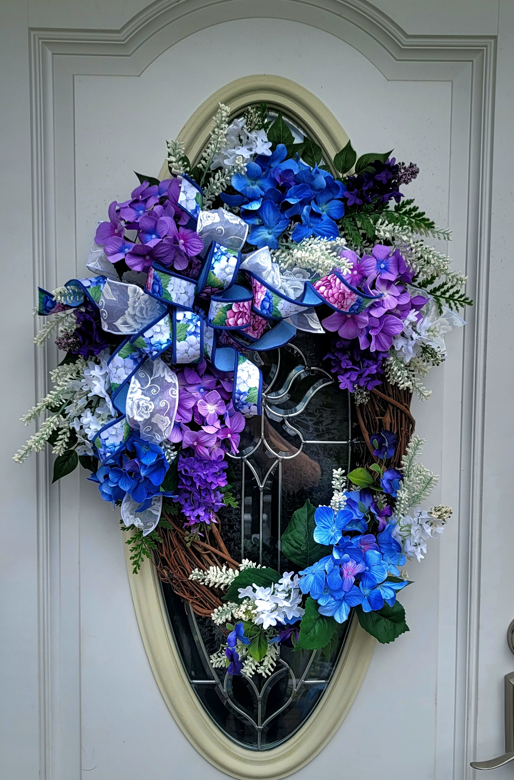 Cascading Blue & Purple Hydrangea Grapevine Wreath – Image 1