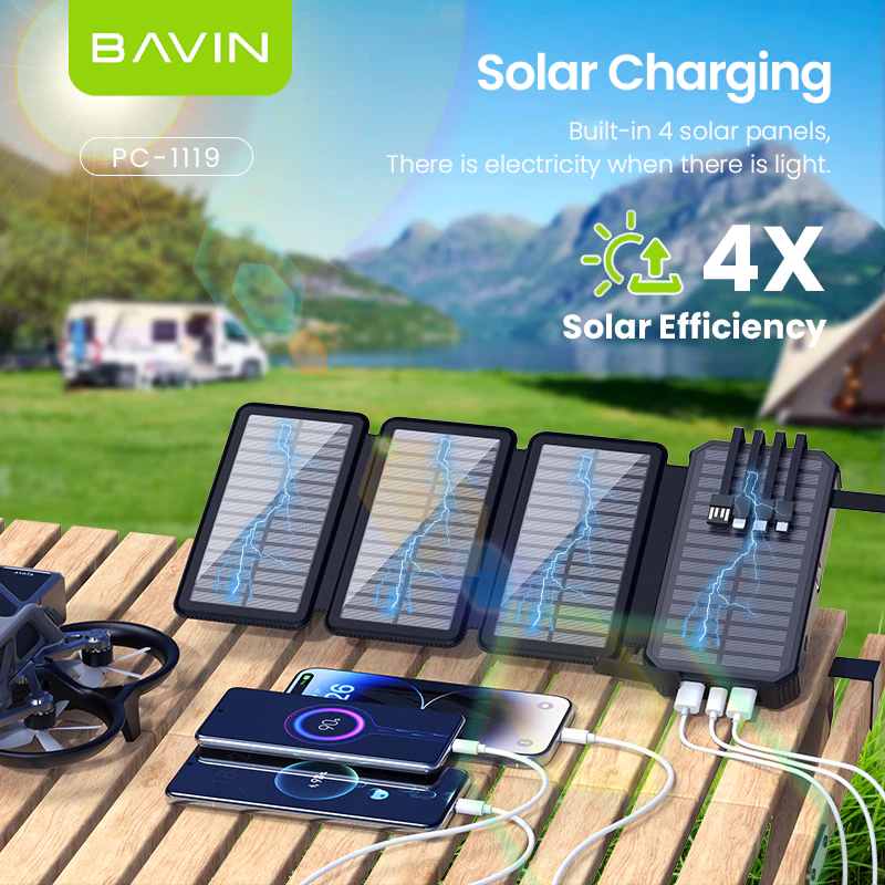 BAVIN PC1119 20000mAh Solar Charging Powerbank Built-In Cable Wireless Charging w/ Waterproof – Image 2