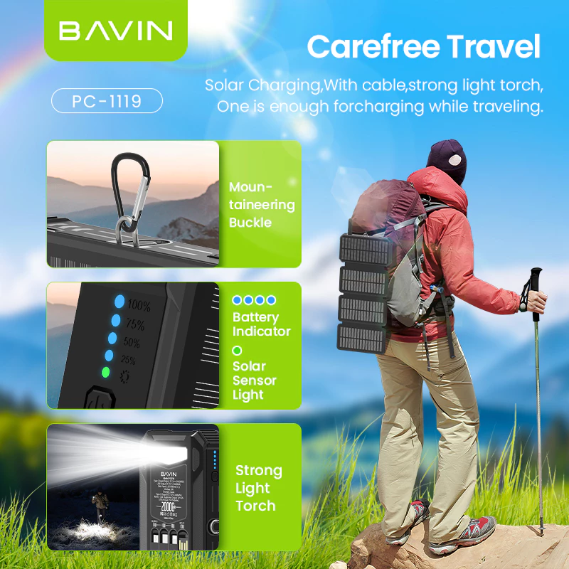 BAVIN PC1119 20000mAh Solar Charging Powerbank Built-In Cable Wireless Charging w/ Waterproof – Image 3