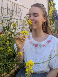 Hand Embroidered Cosmos flower linen top – Image 1